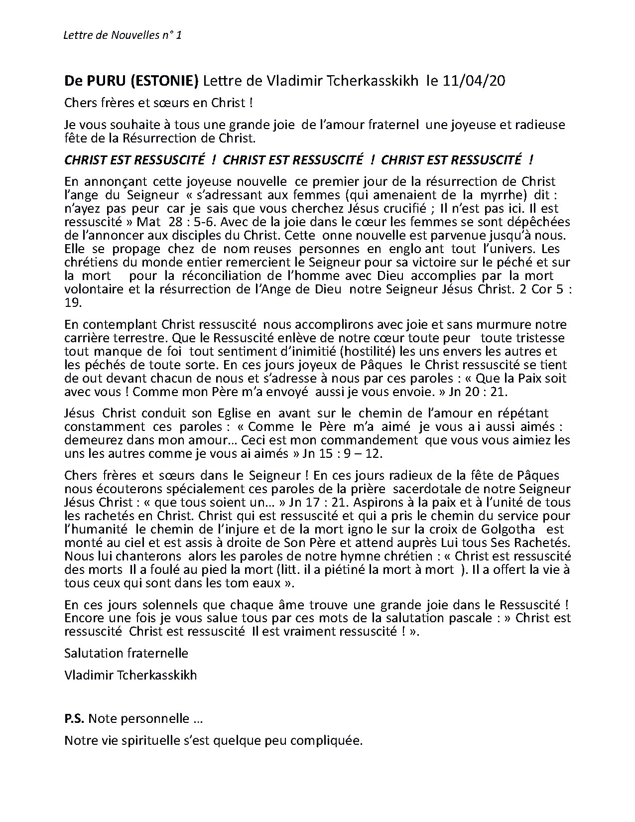 Couverture de N° 1 Lettre de Nouvelles de Puru Estonie de V. Tcherkasskikh 11 04 2020