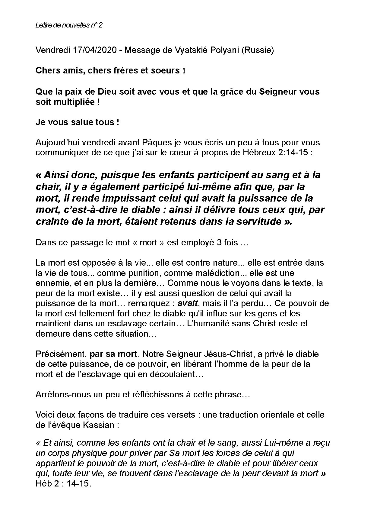 Couverture de N° 2 Lettre de Nouvelles de Vyatskie Polyani Russie Message de A. Dresvyannikov 17 04 2020