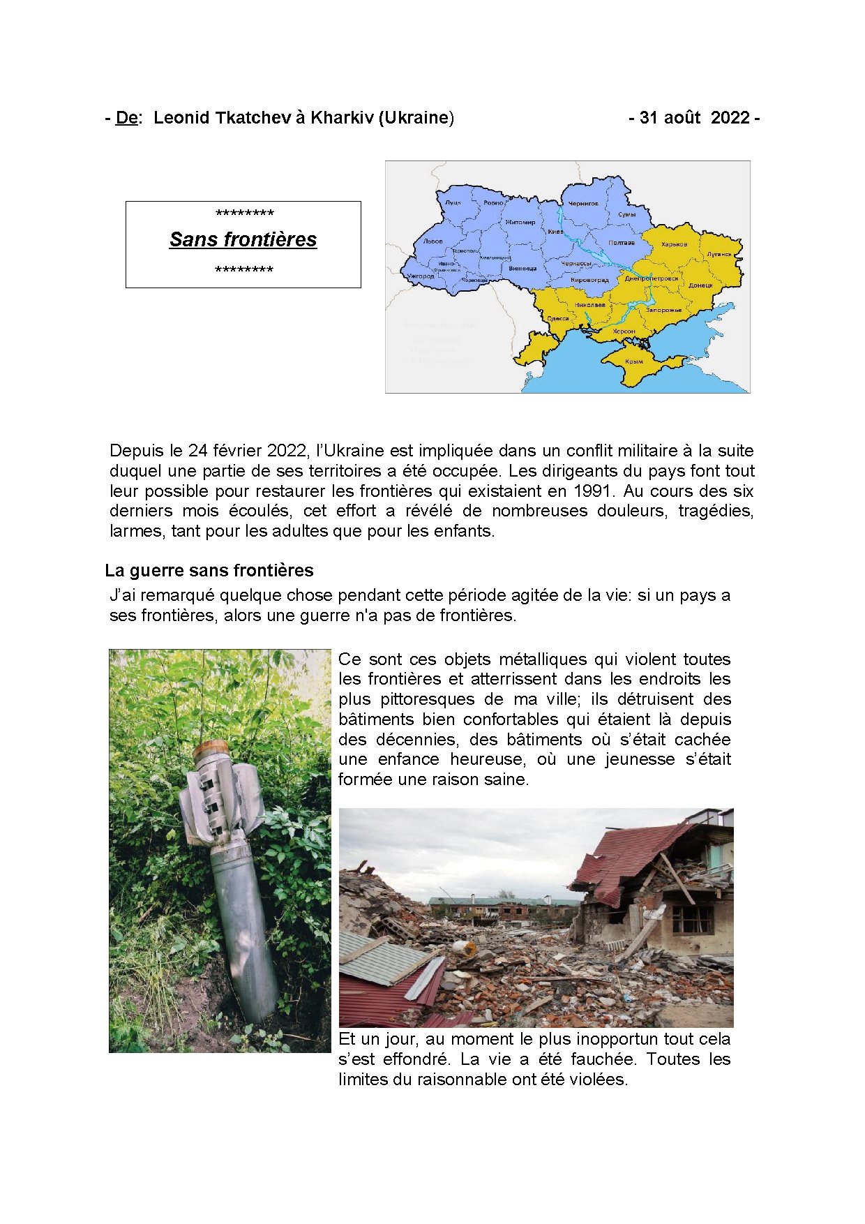 Couverture de N° 22 Lettre de Nouvelles de Leonid Tkatchev Sans frontieres 31 08 2022