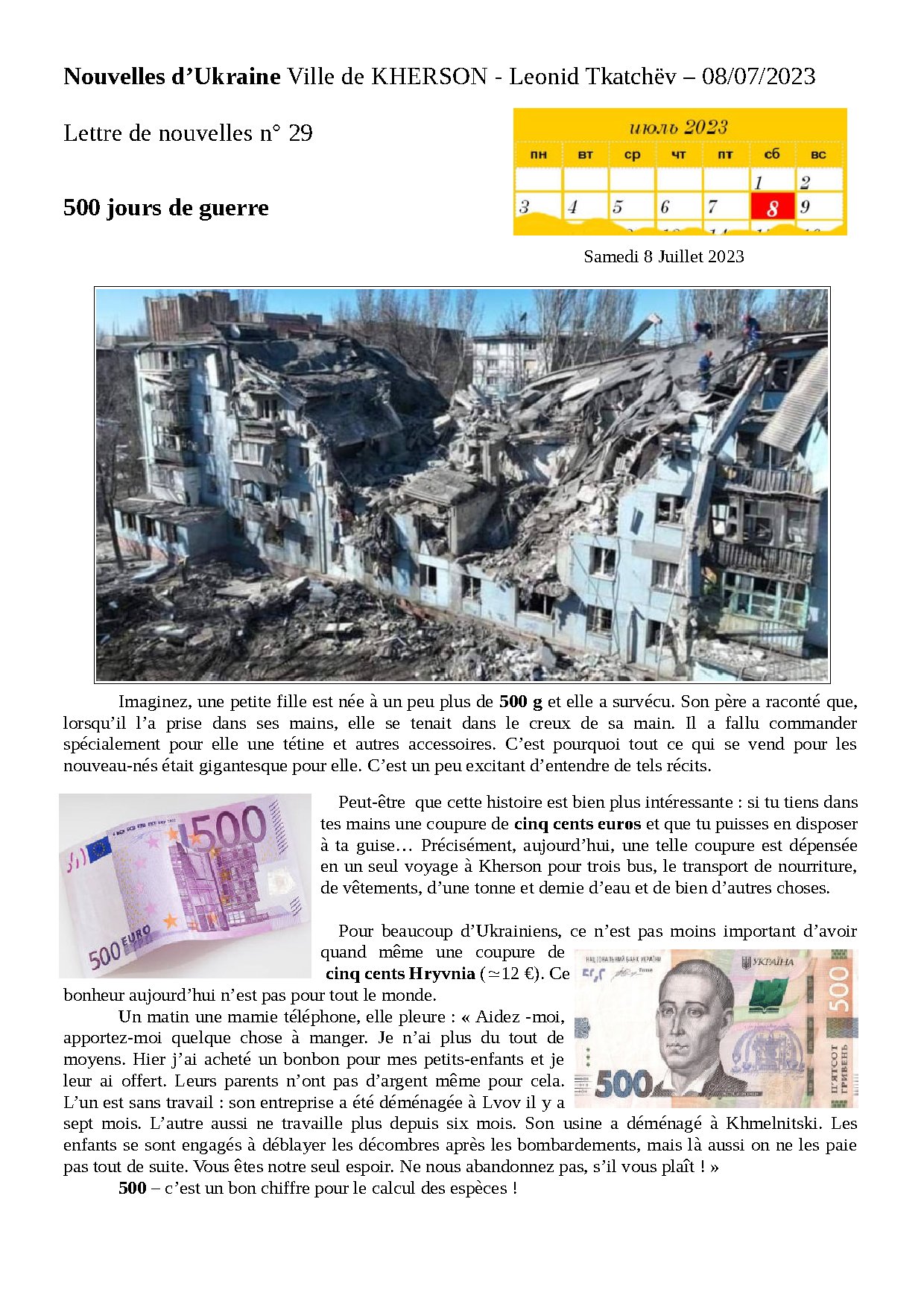 Couverture de N° 29 Lettre de Nouvelles de Leonid Tkatchev a Kherson Ukraine 500 jours de guerre 08 07 2023