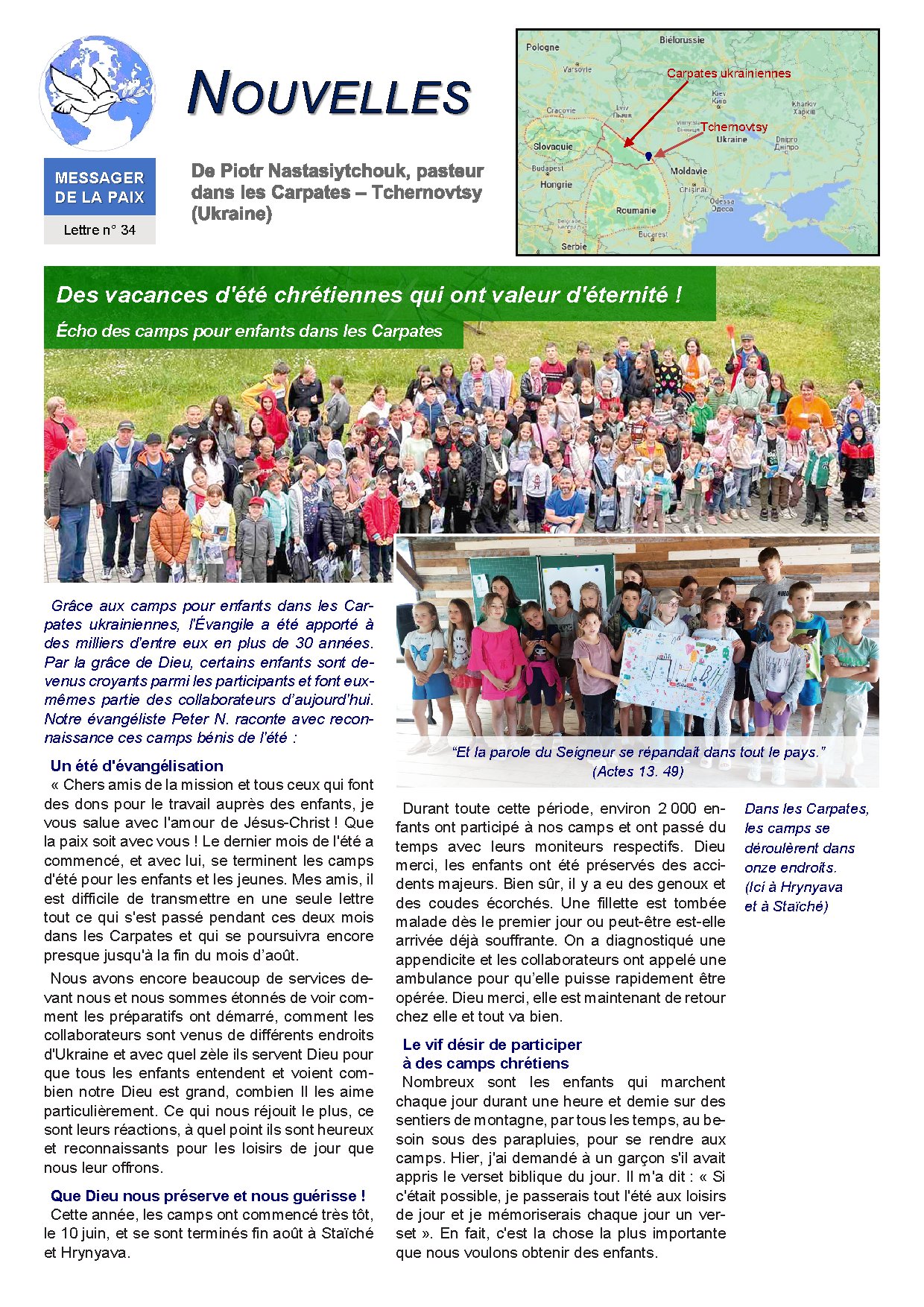 Couverture de N° 34 Lettre de Nouvelles Piotr Nastasiytchouk Camps dete dans les Carpates Ukraine 2024