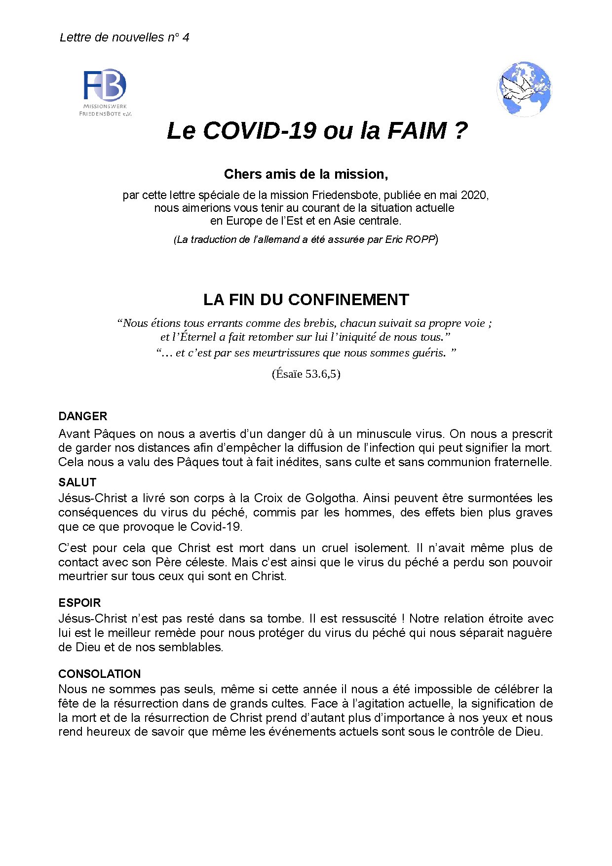 Couverture de N° 4 Lettre de Nouvelles Friedensbote Le Covid 19 ou la faim 05 2020