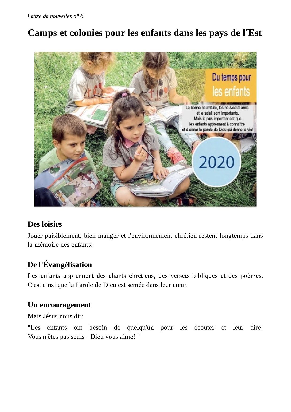 Couverture de N° 6 Lettre de Nouvelles Friedensbote Du temps pour les enfants 07 2020